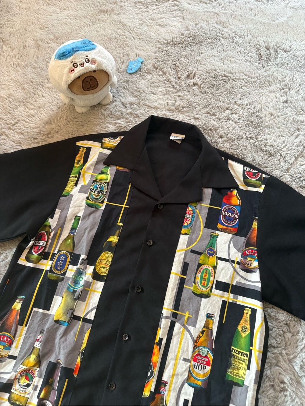 Tutti Bowling Shirt Beer Bottles Graphic Camp Collar Black